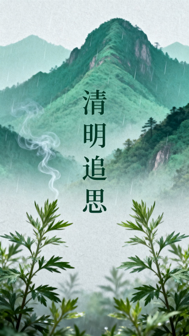清明节主题海报，清新淡雅的古风，画面包含青山、艾草、淡淡的烟雨，中央配有文字"清明追思"，整体氛围宁静肃穆，构图对称，色调以青绿色和浅灰色为主预览效果