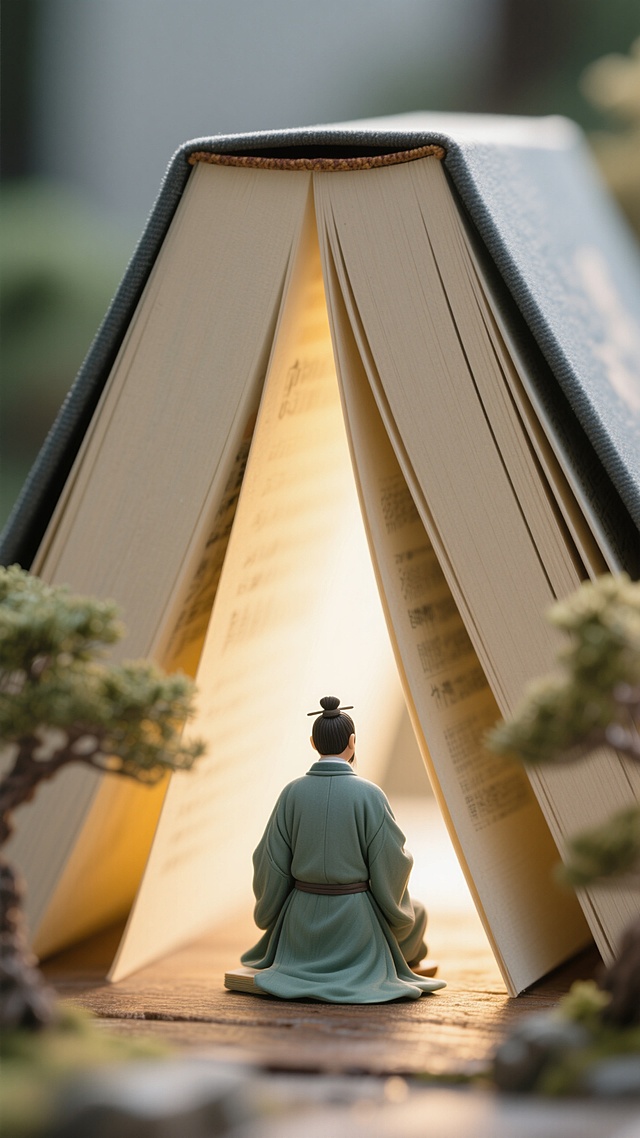 巨大翻开的书本倒扣成夹角，一个迷你古风老师（青衫长袍，背影）坐在夹角里面，书后面暖黄色光透过夹角照亮人物，远景，宁静祥和