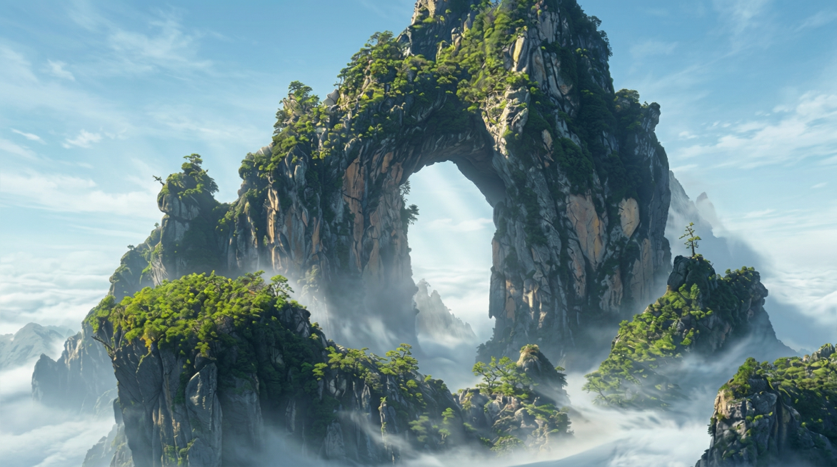 保留东方仙侠巨型天然石拱仙山核心元素，保持中心对称构图、低角度仰视广角视角，调整为新海诚式动画写实国风仙侠风格，去除画面中的文字、logo和左上角飞行器，岩石保留粗糙风化纹理，古松苔藓翠绿茂密，云海流预览效果