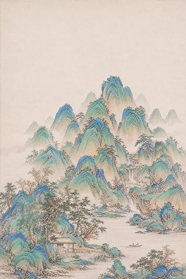 保留当前国风青绿山水画整体内容与风格，在图片顶部预留出更多浅色空白背景，去掉顶部多余的山，调整画面构图