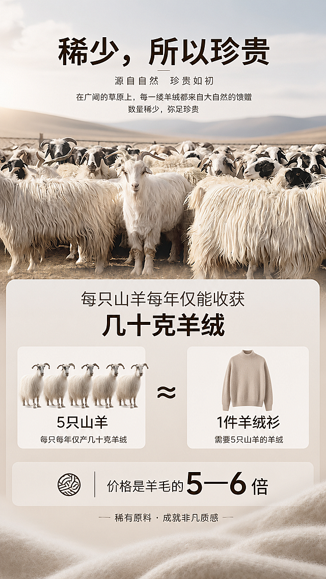 [商品] 使用【图1】中的山羊群素材；保留山羊真实外形和羊绒质感；表现羊绒产量稀少、来之不易的珍贵感。
[画面] 目标：强调羊绒的稀有性，每只山羊年产量仅几十克，提升产品价值感。构图：画面上半部分为草原山羊群的中景画面（占40%），羊群在自然环境中，氛围宁静辽阔；下半部分为信息展示区，用图标和数字直观呈现产量对比。阅读动线：从上至下，先看羊群场景感受天然来源，再看产量数据理解珍贵。背景为浅米色渐变，上浅下深。
[视觉] 套系策略：风格=高级简约羊绒质感商业摄影风；标题字=现代无衬线粗体；正文字=简洁无衬线体；主色=浅米杏/燕麦色；背景延展=基于浅米杏做深浅层级、同色渐变和细腻羊绒织物/纸张质感；强调色=深棕褐色，仅用于重点数字和标签；标题色=深炭棕；正文色=中暖灰；组件=圆角浅底信息卡、山羊/羊绒衫图标、数字对比条；光影=自然暖光，羊群部分为柔和户外光，信息区为均匀平面光。
[文字] 主标题「稀少，所以珍贵」位于画面上方羊群区域之上，半透明底衬。下方信息区：「每只山羊每年仅能收获几十克羊绒」大字展示。中间用图标+文字呈现：「5只山羊 ≈ 1件羊绒衫」，等式两边分别用山羊图标和羊绒衫图标，中间等号。底部补充：「价格是羊毛的5—6倍」。所有文字横排，层级分明。
[规格] 图片比例9:16竖版详情页，4K分辨率，负向提示：避免山羊变形、避免冷蓝背景、避免文字竖排、避免数字错误、避免画面拥挤、避免廉价感。