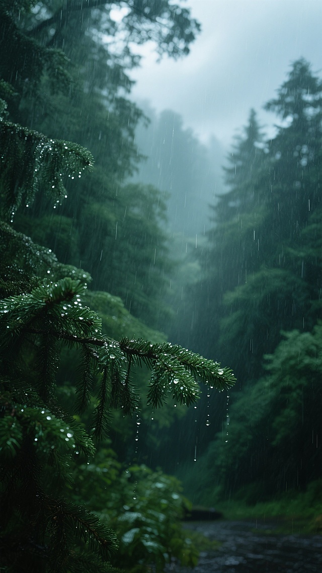 写实风格的雨水背景，茂密的深绿色森林在大雨中显得朦胧而神秘，细密的雨丝从昏暗的天空垂直落下，阳光透过云层和枝叶的缝隙洒下斑驳的绿色光晕，近处的松树针叶上挂着晶莹的雨滴，背景中树木的轮廓在湿润的空气中逐渐模糊，整体色调以深绿和墨绿为主，光影对比柔和，营造出宁静而略带忧郁的雨天氛围，雨水的质感清晰可见，仿佛能听到雨滴落在树叶和地面上的沙沙声。