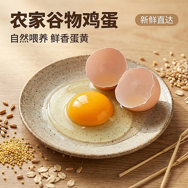 [垫图] https://gdesign-dam-hz.dancf.com/35977902176066708/8348e1f032224c5b89d67aa4bb0b20bf.png
[主图主题] 农家谷物鸡蛋首图展示
[氛围/风格] 田园整洁自然风，自然暖阳逆光，新鲜食欲感
[画面元素] 新鲜生鸡蛋蛋壳打开，露出饱满金黄蛋黄放置在质朴的粗陶盘子上，背景是干净的田园木桌，点缀少量谷物和干稻草，自然光从左侧照射，蛋黄通透油亮，质感细腻，主体突出占比约60%，背景干净不杂乱。
[配色色系] 主色调：暖米木色、蛋黄橙黄色；辅助色：蛋壳浅粉色、谷物浅棕色
[视角构图] 俯视平拍，景深适中，背景全屏无边框
[文字版式] 左上角悬浮主标题 "农家谷物鸡蛋"，字体是加粗无衬线体，深棕色大字号，下方副标题 "自然喂养 鲜香蛋黄"，小号浅棕色字；右上角浅色椭圆标签 "新鲜直达"，浅棕底深棕字，不遮挡主体，整体构图平衡舒适。
[比例分辨率] 2k分辨率