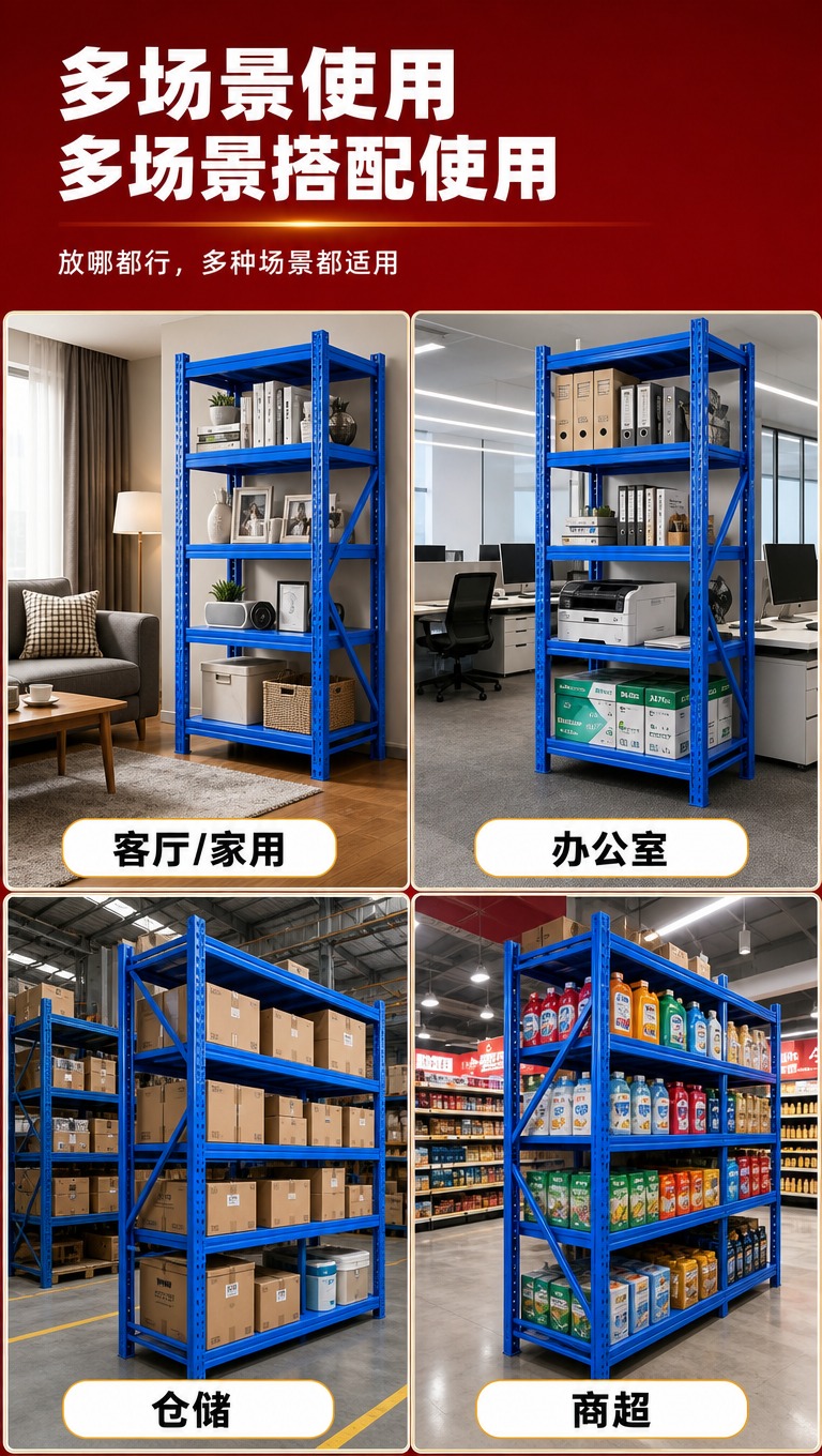 [商品] 使用【图1】蓝色四层金属仓储货架；保留整体结构、蓝色… - 图片创意预览