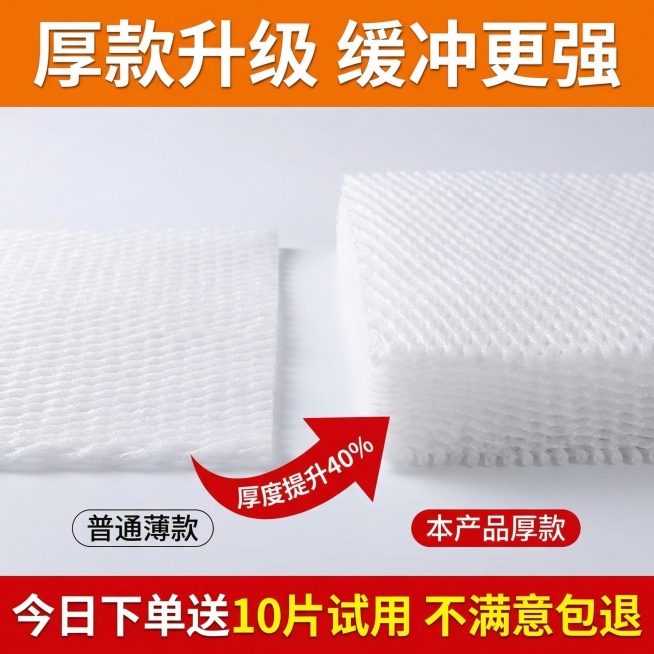 电商主图，800*800尺寸，顶部20%橙色背景白色粗字"厚款升级 缓冲更强"，中部60%做厚度对比，左侧是普通薄款网垫，右侧是本产品厚款网垫，标注厚度提升40%，底部20%通栏红底黄字"今日下单送1预览效果