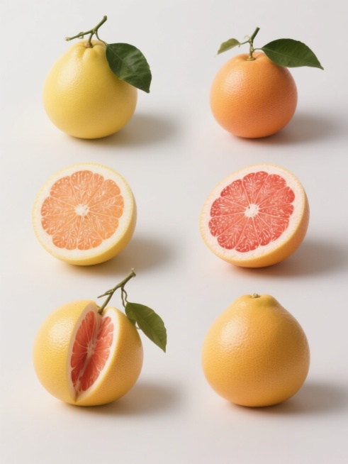 六款不同品种的柚子以规整网格排布，每个柚子展示其独特外观特征，有完整果实、对半切开露出果肉纹理、带叶果枝等形态变化，果肉呈现从浅黄到橙红的丰富色泽，果皮光滑有自然光泽，采用高清写实摄影风格，光线柔和立体，突出柚子的新鲜质感与细腻肌理，纯色背景简洁干净，整体造型简约现代，无任何文字、logo和水印。预览效果