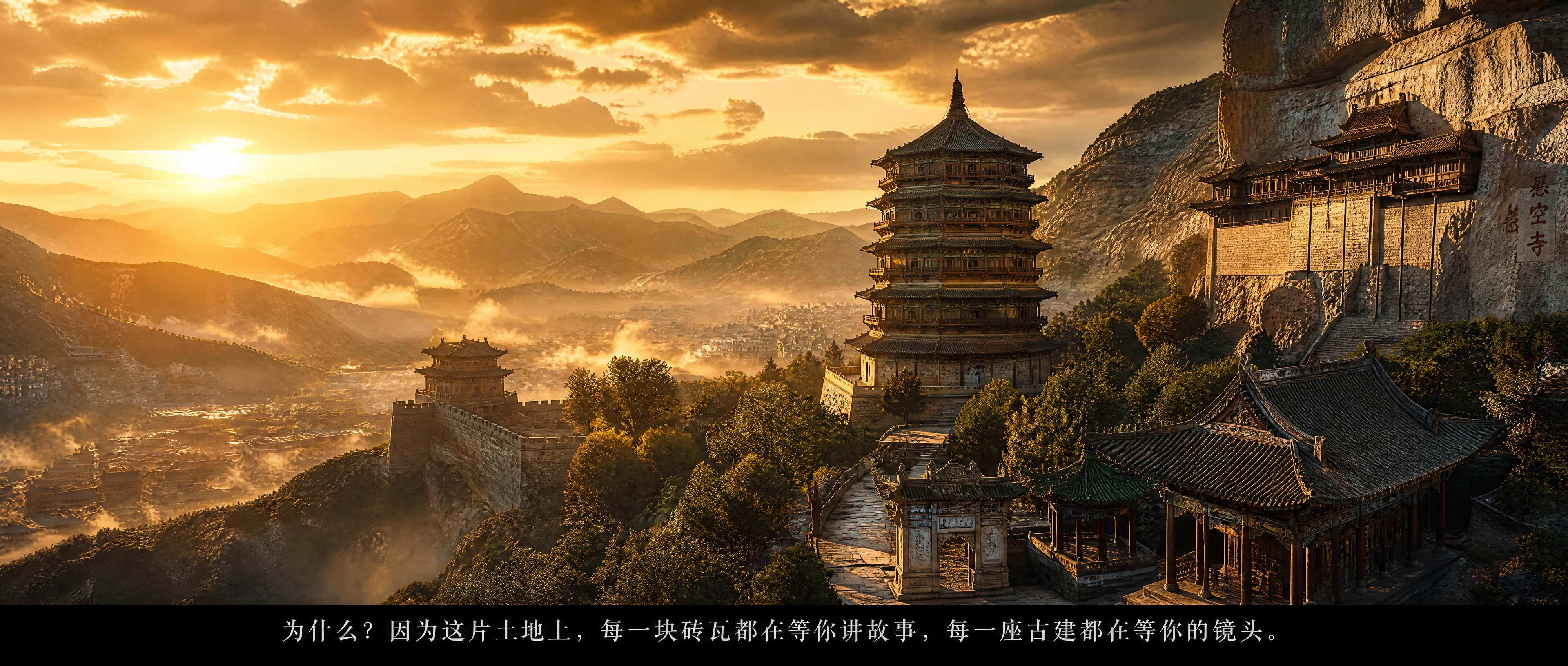 山西主题海报设计，2.35:1超宽屏比例。画面展现山西古建群：… - 图片创意预览