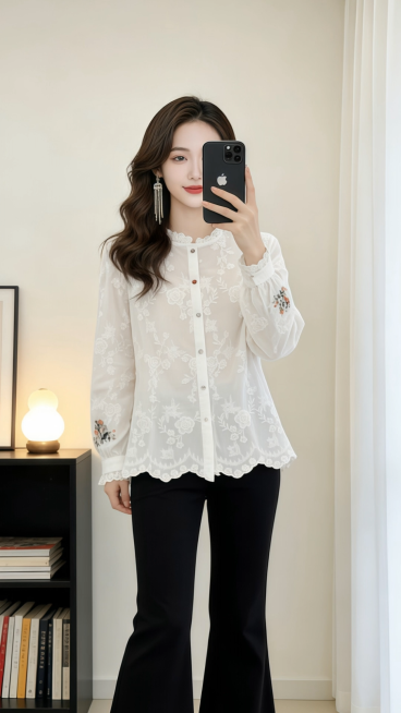 1. Model holds a phone in her left hand, poses directly at the camera with a soft, elegant smile 2.预览效果