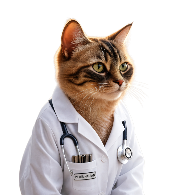 生成一张高清的一只穿着医生白大褂服装的猫，保留原图猫咪的花色和神态，高清写实风格，画质清晰预览效果