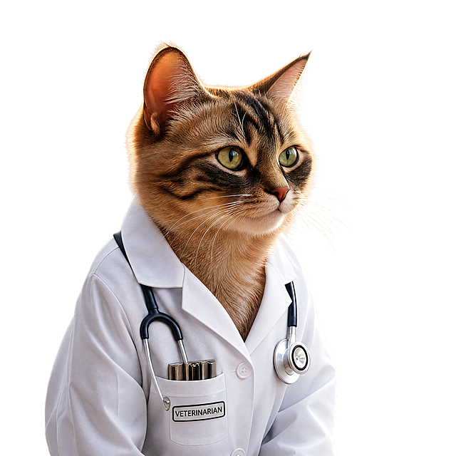 生成一张高清的一只穿着医生白大褂服装的猫，保留原图猫咪的花色和神态，高清写实风格，画质清晰