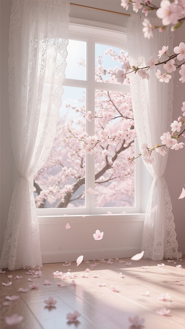 透过半开的白色蕾丝窗帘望向窗外，阳光透过繁茂的粉白色梅花枝桠洒入房间，地面铺满飘落的梅花花瓣，几片花瓣正从空中缓缓飘落，整体画面呈现柔和的粉白色调，光线明亮温暖，营造出浪漫唯美的春日氛围，具有细腻的3D渲染质感和清晰的光影层次。