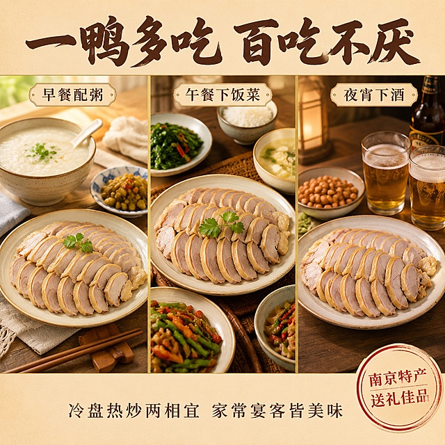 电商主图第六张，南京盐水鸭食用方法与多场景展示。画面采用三格横向拼图版式，每格展示一个食用场景：左格是早餐配粥场景（盐水鸭切盘+白粥+小菜，温馨晨光），中格是午餐下饭菜场景（餐桌正餐，盐水鸭作为主菜），右格是夜宵下酒场景（盐水鸭+啤酒，夜晚暖光氛围）。三格之间用细金线分隔。画面顶部通栏大字主标题'一鸭多吃 百吃不厌'（书法体，深棕色），底部小字'冷盘热炒两相宜 家常宴客皆美味'。右下角小印章式圆形标识写'南京特产 送礼佳品'。整体暖色调统一，三格画面光影风格一致，都是自然美食摄影风格。每格中的盐水鸭外观与参考图保持一致。1:1正方形比例，超高清美食摄影质感，文字清晰。