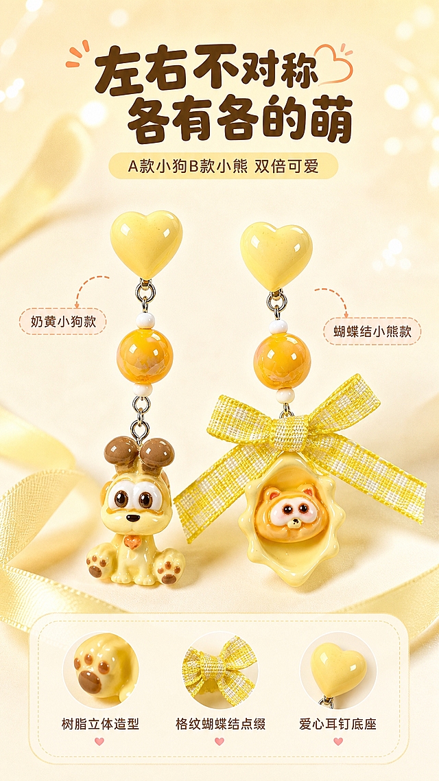 [商品] 使用【图1】奶黄小狗不对称爱心耳环；保留左右不对称设计、奶黄主色调、卡通树脂质感、银色连接环；商品处理：清理背景，增强吊坠表面光泽与细节纹理，保持造型比例与颜色不变。
[画面] 目标：细节质感展示，突出不对称设计与卡通造型亮点。构图：上下分栏，上半部分左侧展示小狗吊坠款特写，右侧展示蝴蝶结小熊款特写；下半部分放文案与卖点图标；产品占画面70%；前景柔焦奶黄丝带装饰，中景两款耳环微距特写，后景奶油白渐变背景。
[视觉] 套系策略：风格=软萌甜系少女风商业摄影；标题字=圆润粗黑体；正文字=圆角无衬线体；主色=奶黄+奶油白；背景延展=基于奶黄做深浅渐变、柔焦光斑与奶油质感肌理；强调色=浅粉橙，仅用于小面积图标、引线和标签；标题色=暖棕咖；正文色=浅棕灰；组件=圆角奶白底信息卡、虚线引线、圆点装饰；光影=左前侧暖柔光，柔和阴影。
[文字] 顶部居中主标题"左右不对称 各有各的萌"，副标题"A款小狗B款小熊 双倍可爱"；左右两侧分别用虚线引线标注「奶黄小狗款」「蝴蝶结小熊款」；底部圆角信息卡列3个细节卖点：「树脂立体造型」「格纹蝴蝶结点缀」「爱心耳钉底座」。
[规格] 图片比例9:16竖版，4K，负向提示：避免变形、错字、文字过小、冷蓝背景、耳环颜色改变、造型失真、细节模糊。