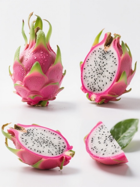 一组4个不同样式的火龙果元素，采用超写实摄影风格，主色调为鲜艳的玫红色果肉与翠绿色叶瓣，表面带有自然的水珠光泽，光影呈现柔和的顶部侧光效果，高光细腻，阴影层次分明，背景为纯白色，构图简洁干净，符合现实逻辑，果肉纹理清晰可见黑色籽粒，适用于素材使用，每个火龙果样式包括完整果实、对半切开、四分之一剖面、带叶瓣特写等不同角度与状态，整体画面信息传达效率高，视觉层级突出火龙果主体，无任何文字与装饰元素。预览效果