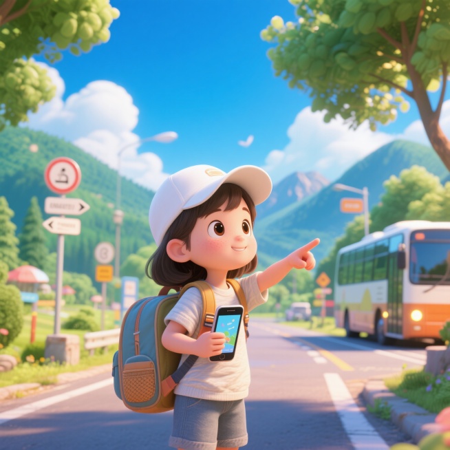 一个小女孩，背着书包，一个手拿着手机，另一个手指着前方，带着白色帽子，穿着休闲衣服，旅行预览效果