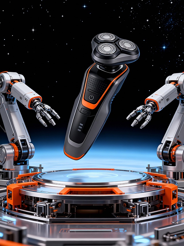 未来科技风智能实验室场景，整体配色为深空黑浅蓝渐变背景 + 银灰机械臂 + 橙金属机械结构， 色调冷峻科技感；采用平视近景视角，中心构图聚焦悬浮主体区域；场景包含双机械臂（呈操作姿态，点缀主体同色系橙色）、金属机械平台（带橙色调结构件）、星空背景；主体呈倾斜悬浮姿态，位于机械平台上方、双机械臂之间，在画面中占比约 50%，与机械臂形成交互操作关系；主体融入智能科技实验环境，光线为冷调环境光 + 金属结构反光，呈现精密工业质感，渲染风格为超写实 CG，细节纹理锐利，光影层次分明。