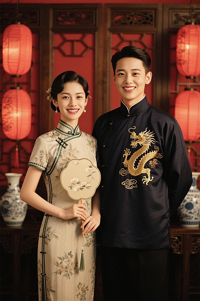 婚纱照，男生在左女生在右，女生穿着传统的中式旗袍，手拿团扇，新郎穿着民国风立领深色金丝刺绣龙呈祥中式男装，两人面相镜头甜蜜微笑，背景为红色灯笼、屏风和瓷器点缀，浪漫氛围