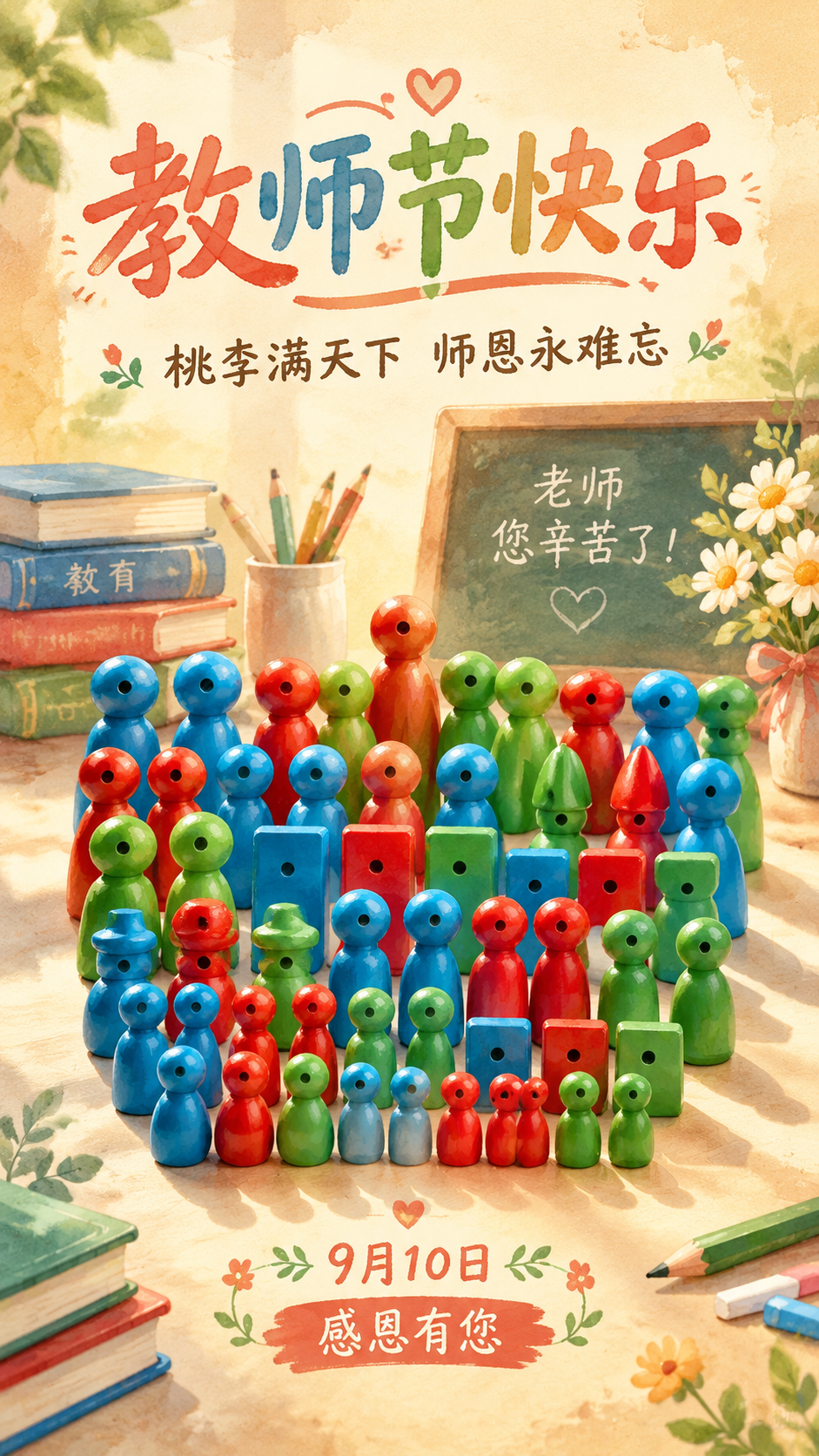 基于图中的彩色木质人偶棋子元素，设计一张温暖治愈的教师节节日海… - 图片创意预览