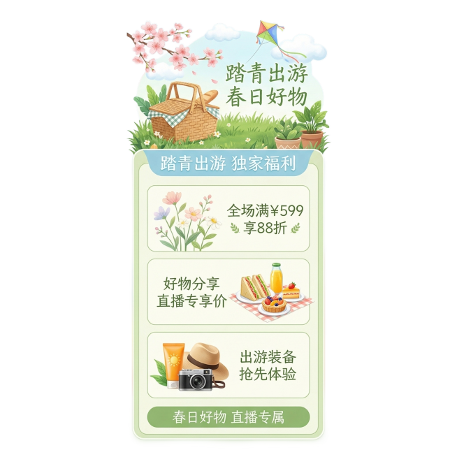 参考原图布局结构，将主题更换为踏青出游直播间悬浮弹窗，更换主体和文案，在文字旁边补充草地、樱花、云朵、风筝、野餐篮、绿植等春日元素，添加简约轻盈灵动手写体艺术字「踏青出游」「春日好物」，配色改为明亮通预览效果