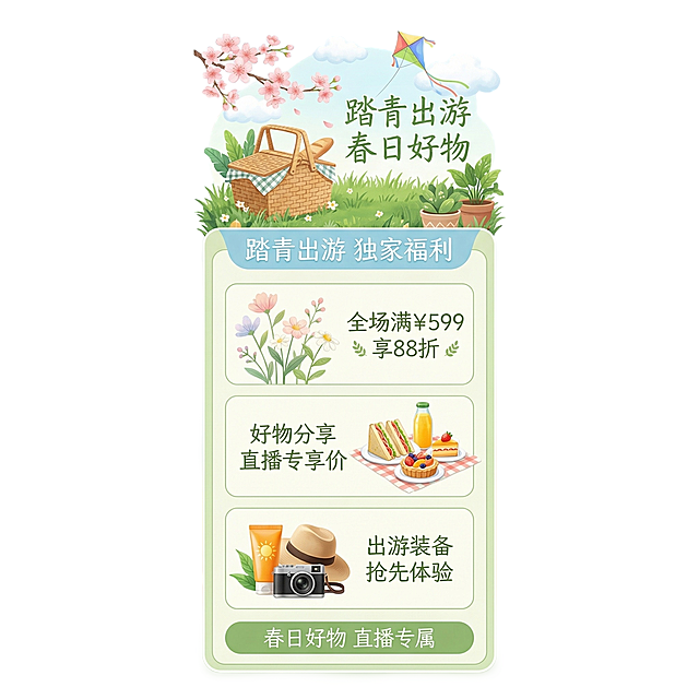 参考原图布局结构，将主题更换为踏青出游直播间悬浮弹窗，更换主体和文案，在文字旁边补充草地、樱花、云朵、风筝、野餐篮、绿植等春日元素，添加简约轻盈灵动手写体艺术字「踏青出游」「春日好物」，配色改为明亮通透的浅绿 + 淡蓝 + 米白，整体干净柔和清新治愈风格，布局简洁大气，留白充足，边缘做柔和圆角与细边框装饰，整体氛围感清新自然，适配出游季商品展示，视觉舒适不杂乱，突出春日轻松愉悦的出行氛围