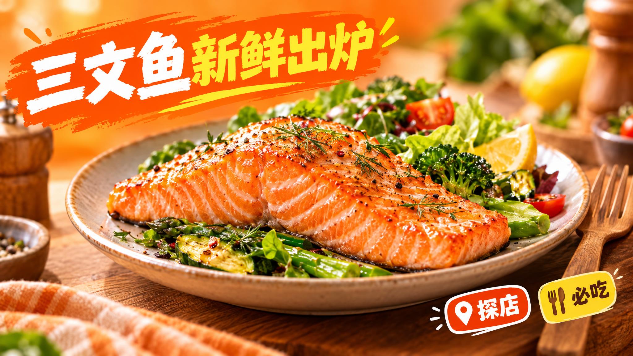 活力美食风格的美食宣传图，暖橙色背景，画面中心是一盘色泽诱人的… - 图片创意预览