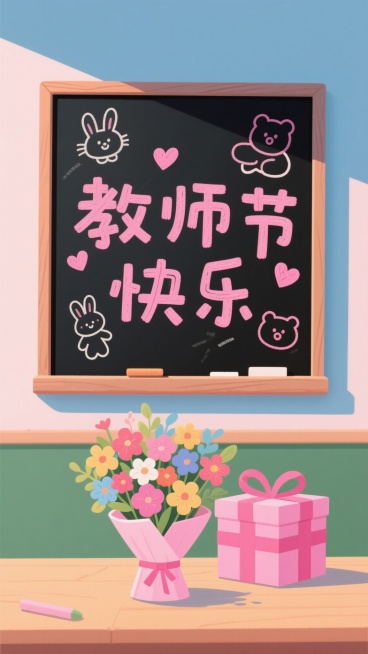 教师节主题扁平插画，画面中央是一块黑色黑板，黑板上用粉色彩绘手写体写着“教师节快乐”，文字有适当变形处理，周围点缀可爱动物粉笔涂鸦（如小兔子、小熊轮廓）、粉色爱心图案，黑板下方摆放着缤纷花束和带蝴蝶结预览效果