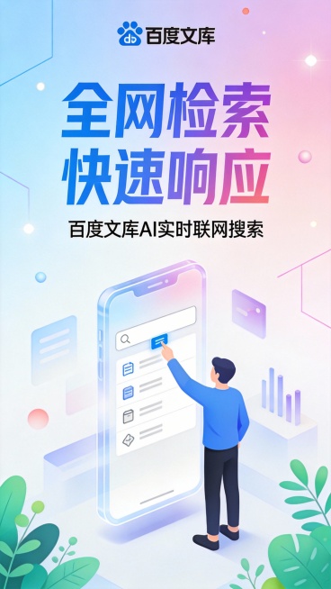 这是一张 9:16 竖版的 APP 功能宣传广告图，整体采用清新活力的现代渐变插画风格。背景为浅蓝粉紫渐变，点缀简约的几何线条和光点，营造轻盈的科技感氛围。
顶部为品牌标识，居中显示 “百度文库”。中预览效果