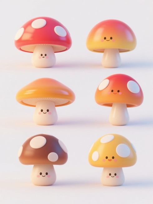 3D卡通风插画，六个不同品种、不同样式、不同外观的蘑菇，每个蘑菇都具有圆润饱满的造型和光滑的表面质感，鲜艳明快的色彩搭配，蘑菇伞盖和菌柄上有细腻的高光和渐变效果，展现出卡通化的可爱特征，所有蘑菇在纯白色背景上排列整齐，形成有序的视觉布局，整体风格统一且充满童趣。预览效果