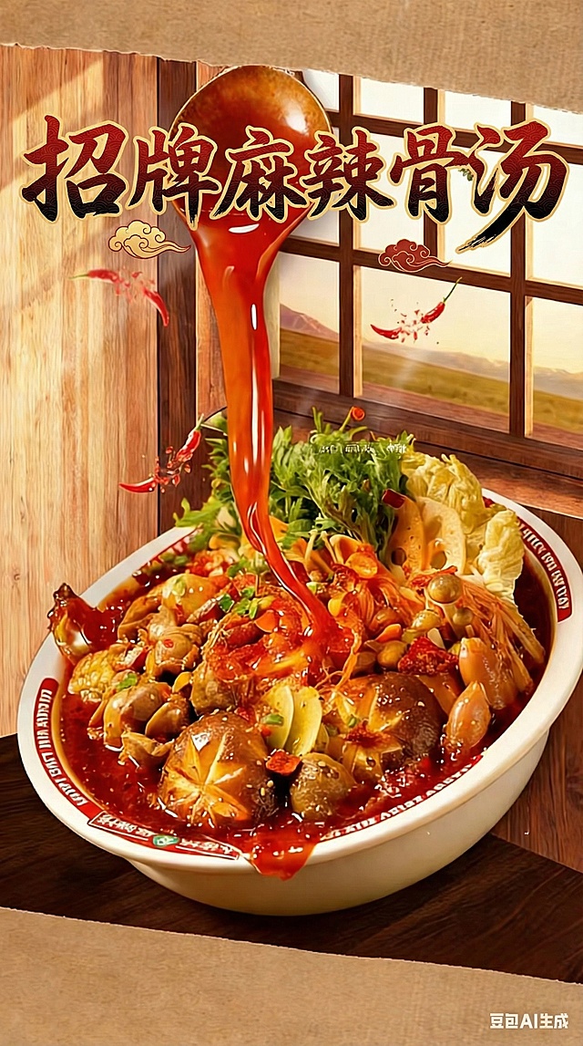 帮我在上面设计一下加上“招牌麻辣骨汤”