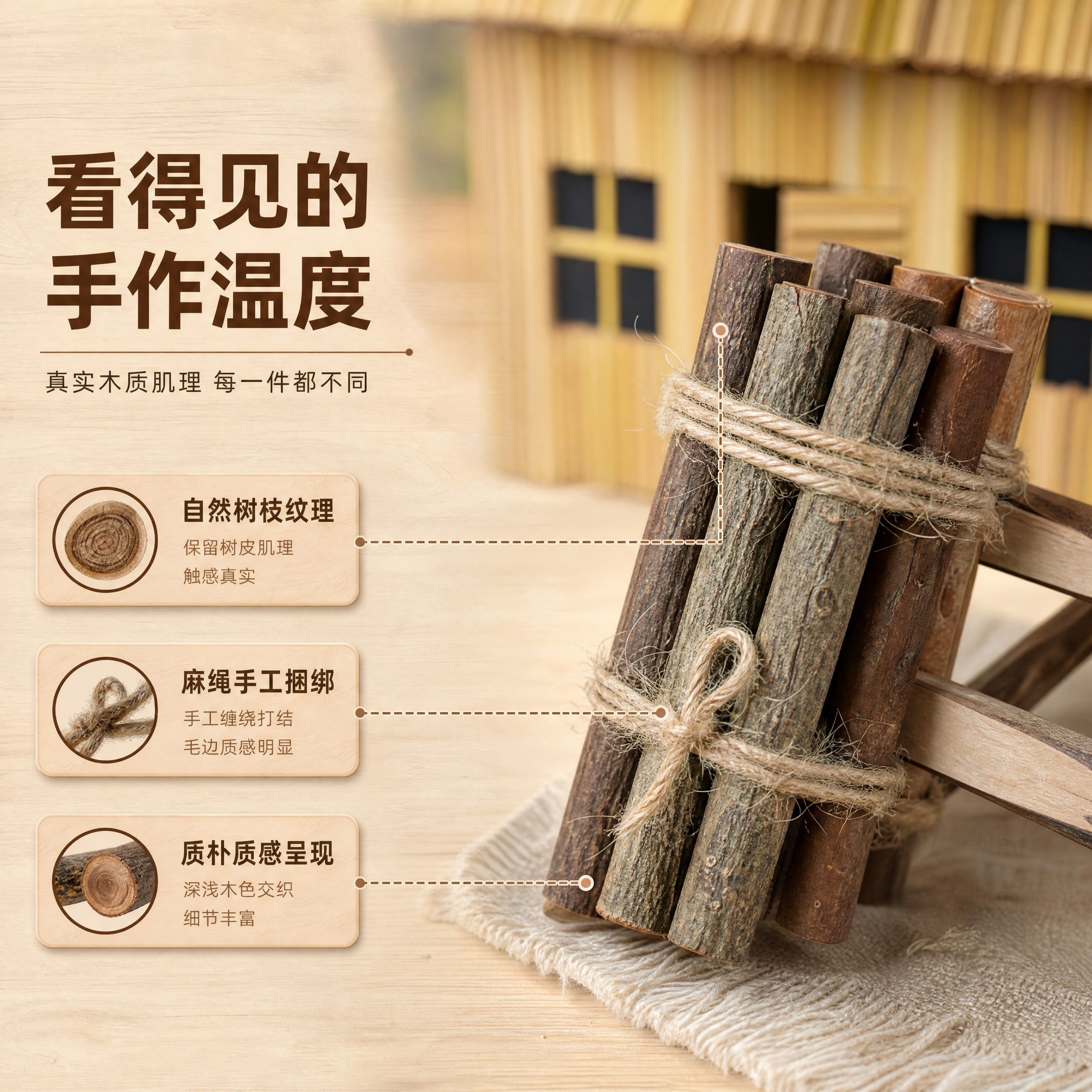 [商品] 使用【图3】迷你矛屋配小捆柴装饰摆件的柴捆细节特写；… - 图片创意预览