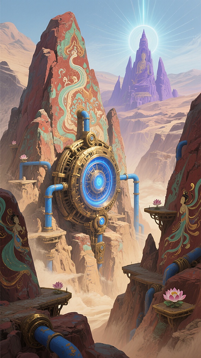 奇幻风格场景插画，高耸的岩石山峰环绕着中央的圆形机械装置，装置上有蓝色发光的圆形结构，蓝色的能量管道连接着山峰间的多个小型平台，远处可见尖顶状的紫色岩石构造。整体采用敦煌壁画特有的矿物颜料色调，以赭红、石绿、土黄、群青为主，点缀金色高光，营造出神秘、庄严而又带有历史厚重感的氛围。岩石表面融入敦煌壁画中常见的飞天飘带纹样和莲花、忍冬纹饰，机械装置的金属部分带有古朴的鎏金质感和斑驳的风化效果，能量光芒呈现出类似壁画中神佛背光的放射状光晕，光线柔和而神圣，整个场景仿佛是隐藏在西域群山中的古老秘境，兼具奇幻机械元素与敦煌艺术的古典韵味。