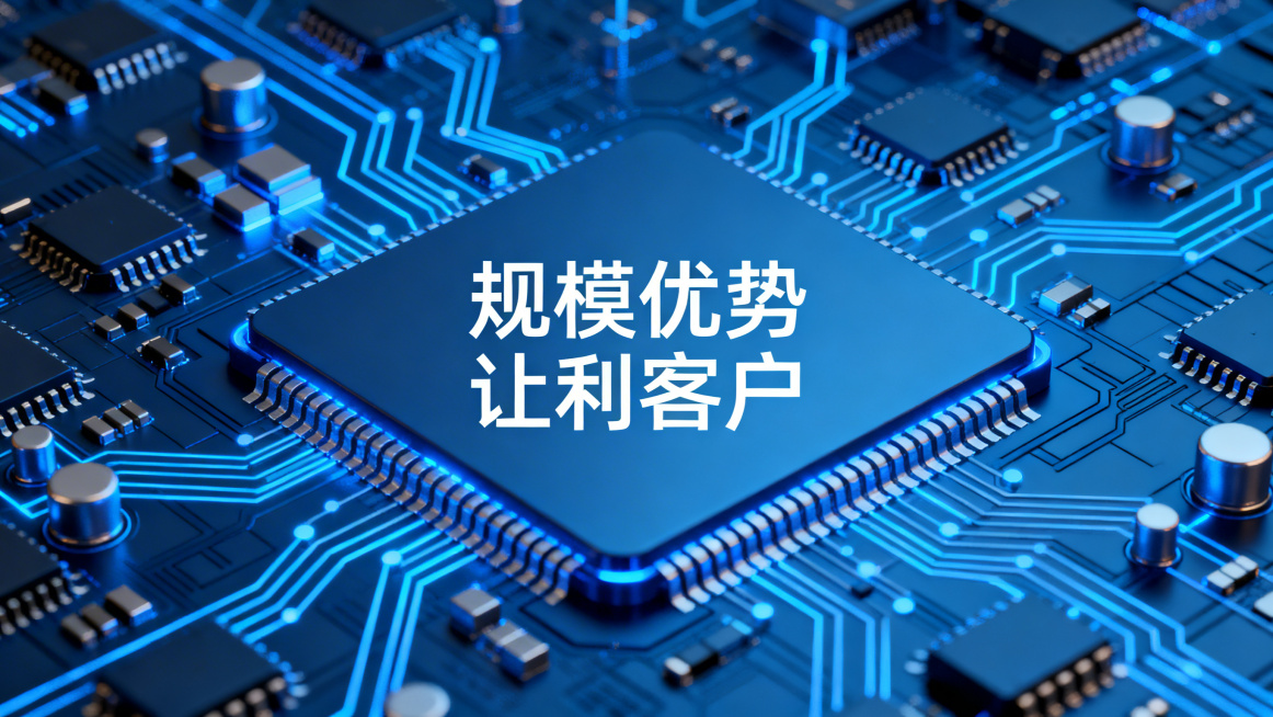 芯片行业百度竞价投放创意配图，科技风，蓝色主题，背景布满芯片电路元素，包含文案"规模优势 让利客户"，文字使用阿里巴巴普惠体，文字样式现代不老套，整体风格统一科技感预览效果