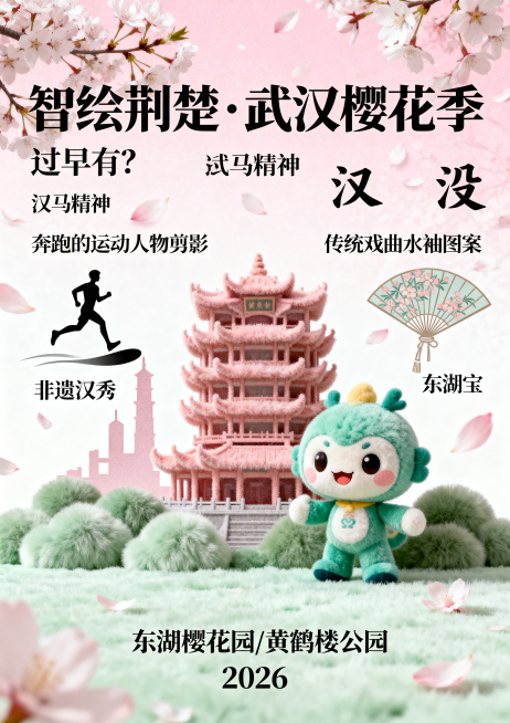 A3竖版海报，主题是"智绘荆楚·武汉樱花季"，海报整体为毛绒质感，深度植入武汉方言元素、汉马精神元素、非遗汉秀元素，包含黄鹤楼和东湖吉祥物，标注武汉赏花地址，标注年份"2026"，设计精美的海报排版，预览效果