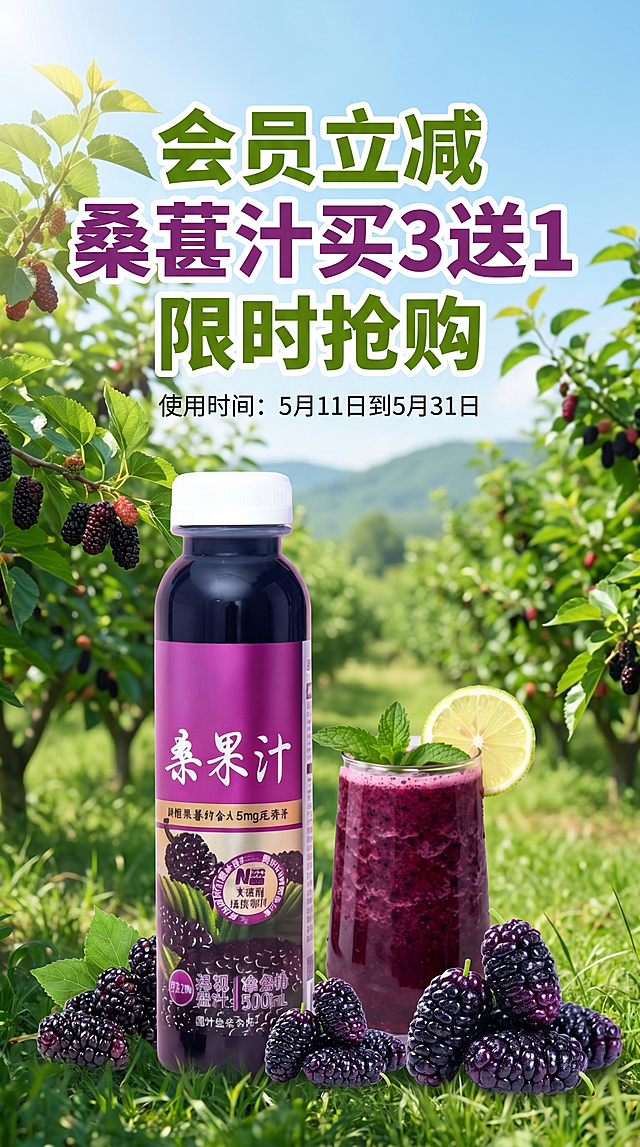 竖版商品促销活动图，背景为清新自然户外桑葚果园风格，包含桑果汁瓶装商品图、一杯桑葚冰沙饮品图和新鲜桑果，添加促销文案“会员立减，桑葚汁买3送1，限时抢购，使用时间：5月11日到5月31日”，整体风格清新自然，商业宣传