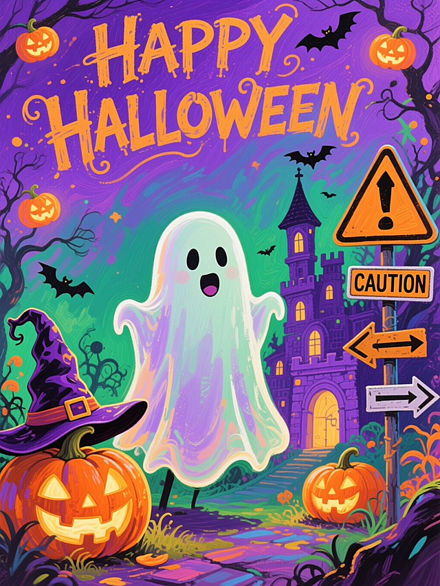 手绘油画风格紫绿色调。主视觉是一只可爱幽灵。顶部有手写风格的 “HAPPY HALLOWEEN”。点缀南瓜灯、女巫帽、古堡等元素。右侧搭配带有 “CAUTION” 字样的警示路牌、箭头标识等小元素。