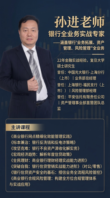 生成一张精美高级的金融讲师介绍海报，左侧放置孙进老师的商务正装照片，右侧排版介绍文字：标题'孙进老师 银行全业务实战专家'，副标题'——涵盖银行'业务拓展、资产管理、风险管理'全业务'，介绍：'22年预览效果
