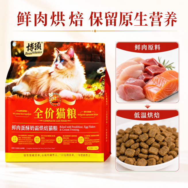 [主图-16] 烘焙工艺对比展示图。[氛围风格] 清晰直观专业风。[画质] 商业摄影质感、光线柔和通透、产品清晰真实、画面干净高级、4k超高清。[元素] 猫粮包装袋占据画面左半侧，右半侧分上下两个小框预览效果
