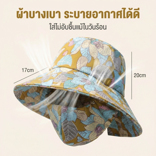 严格还原上传的产品图，包括姜黄色主体、灰蓝色植物印花、轻薄面料质感等所有细节，产品尺寸帽檐宽约17cm，整体帽深20cm，面罩长度覆盖至下颌，尺寸比例1:1。东南亚质感清新风格，杂志级居中特写排版，纯预览效果