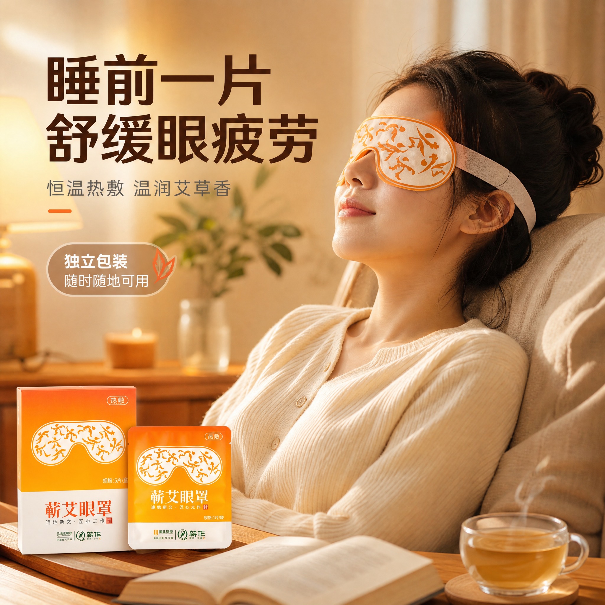 [主图-3] 蕲艾热敷眼罩使用场景图，展示真实佩戴效果和放松氛… - 图片创意预览