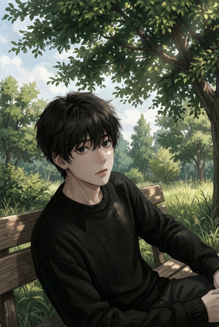 将人物放置在树下的长凳上，添加户外自然背景，树木枝叶繁茂，光线柔和自然预览效果