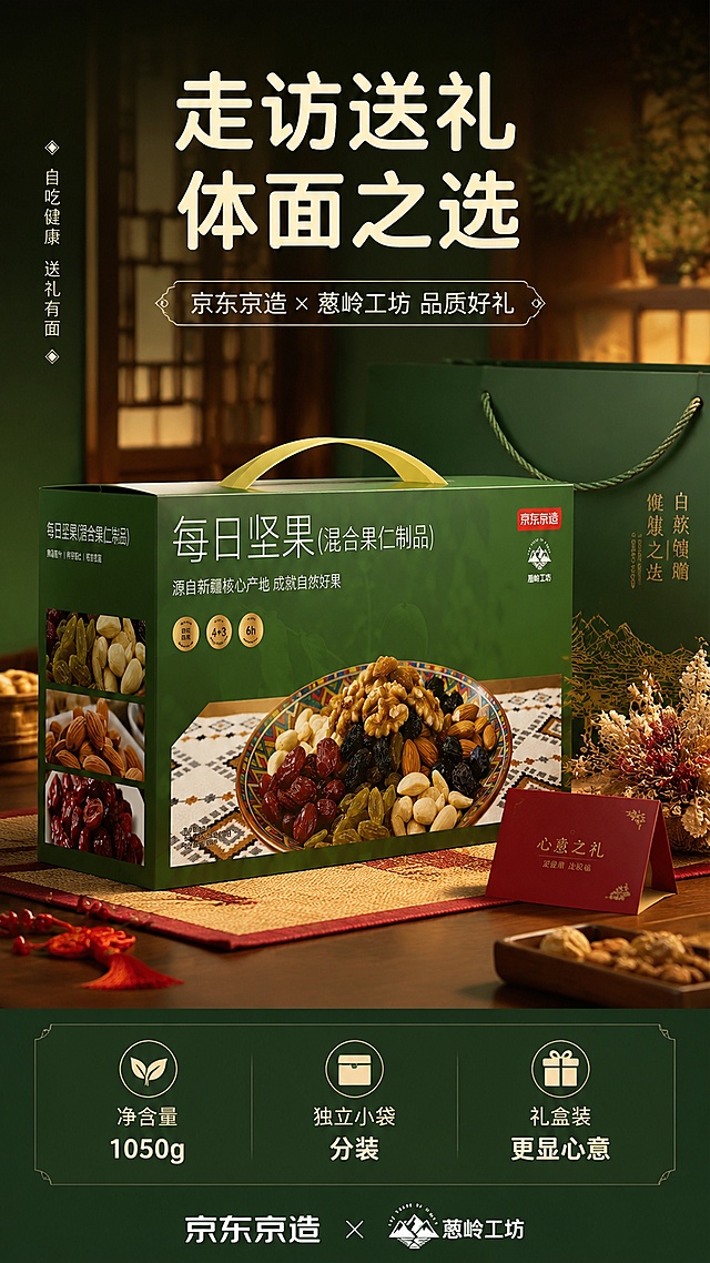 [第8屏] 礼盒收尾屏 · 走访送礼 囤货常备。本屏使用【图1】作为礼盒主体。
[氛围/风格] 品质礼赠感 + 温馨节日氛围，高端食品礼盒商业摄影风。
[元素布局] 画面中央为【图1】精美礼盒，45°斜侧视角，占比约50%，提手与正面完整清晰；礼盒旁搭配礼品袋、贺卡、一小束干花，营造送礼氛围；背景为虚化的中式玄关/客厅场景，温暖有质感；下方用信息条展示规格：净含量1050克、独立小袋、礼盒装；整体大气有档次。
[光影质感] 侧上方暖光，礼盒表面有精致高光，阴影柔和，突出礼盒质感与礼赠氛围。
[配色色系] 全局底色 #2E5D3A（深森林绿）；主色深绿 + 金色；辅助色米白、暖棕；点缀色红色（礼赠氛围）。
[视角构图] 中心偏上礼盒主体 + 底部规格信息，阅读动线从上到下。
[文字版式] 顶部主标题「走访送礼 体面之选」，副标题「京东京造 × 葱岭工坊 品质好礼」，圆角黑体，字色米白；礼盒两侧竖排小字「自吃健康 送礼有面」；底部深绿色半透明信息条，白字标注：「净含量 1050g」「独立小袋分装」「礼盒装 更显心意」；右下角品牌标识「京东京造 × 葱岭工坊」；字色保持深绿 + 米白 + 金色统一。
[比例分辨率] 9:16 竖版比例，4K 分辨率，文字清晰可辨，高清画质。
[负向提示词] 人物出现，四宫格，礼盒变形，包装文字错乱，水印，文字过小，背景杂乱，极限词。