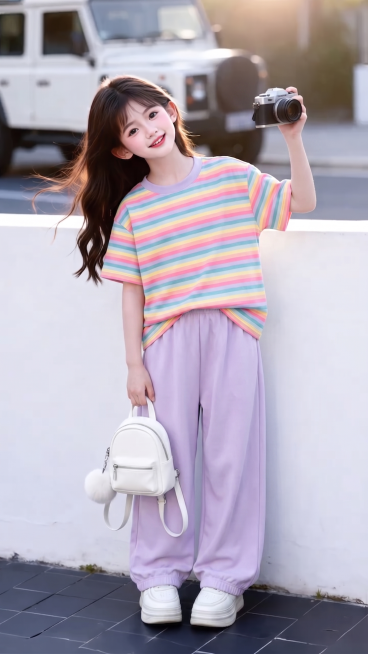 用图1的短袖和裤子替换图的2的人物穿搭衣服裤子，保留原场景光影，保持图2的人物的五官和发型不变，图片宽高尺寸不变，背景不变，鞋子不变，人物姿势不变，保持图1的短袖和裤子的款式材质不变和颜色不变预览效果