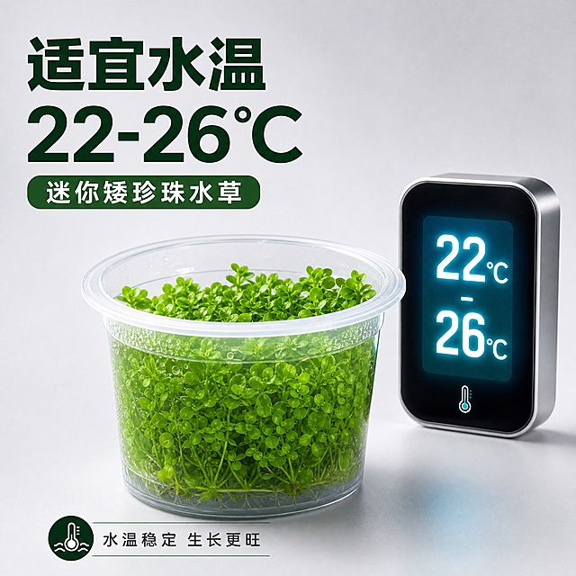 [主图-5] 主题：数字水温显示 22°C-26°C，强调适宜水温参数，传递专业养护知识。
[统一基调] 高端水族商业摄影风格，拼多多电商主图，浅灰影棚背景，顶光均匀柔和，画面干净通透，产品居中偏下摆放，上方与左右留出负空间放置标题和卖点标签。主背景色：浅灰渐变影棚色；辅助色：水草鲜绿色、科技蓝数字显示；强调色：深墨绿标题字；卡片/图标色：黑色圆角数码显示卡片 + 蓝绿色发光数字；标题字体：粗黑体，圆润饱满。
[画面] 画面中央偏下，透明无菌杯装迷你矮珍珠水草稳稳放置，水草翠绿饱满。画面右侧有一个 sleek 现代感的数字水温计（digital gauge），黑色圆角显示屏，发出柔和的蓝绿色背光，屏幕上清晰显示 "22°C - 26°C" 的白色大号数字，数字清晰锐利。水温计有金属质感边框，设计简洁现代。背景是干净的浅灰色影棚，顶光柔和。画面整体传递出水草适宜生长水温的专业养护信息。左侧放主标题，底部放说明文字。产品占画面约 50%，水温计占右侧约 25%。
[光影质感] 科技感商业摄影质感，数字显示屏有柔和发光效果，金属边框有细腻高光，杯身透明有反光，水草叶片翠绿通透，整体干净专业，科技感与自然感结合。
[配色] 浅灰背景为主，水草鲜绿为自然焦点，蓝绿色科技光为强调色，深墨绿标题，黑色数码显示卡片。
[文字版式] 左侧主标题：适宜水温 22-26°C，粗黑大字，深墨绿色。底部小字说明：水温稳定 生长更旺。文字清晰，不遮挡主体。
[输出要求] 1:1 正方形，2K高清，数字清晰可读，产品清晰，文字清晰，无变形，无错字，无水印，无平台 Logo。