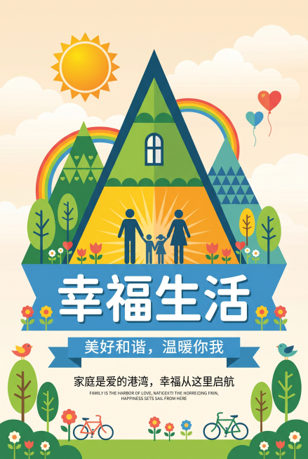 参考图所示几何极简风格，创作一幅以“幸福生活”为主题的宣传海报，内容积极向上，传递温暖美好和谐氛围，包含主标题“幸福生活”和副标题、宣传语，可自行添加装饰元素和背景素材，延续参考图三角山形家庭图形设计预览效果
