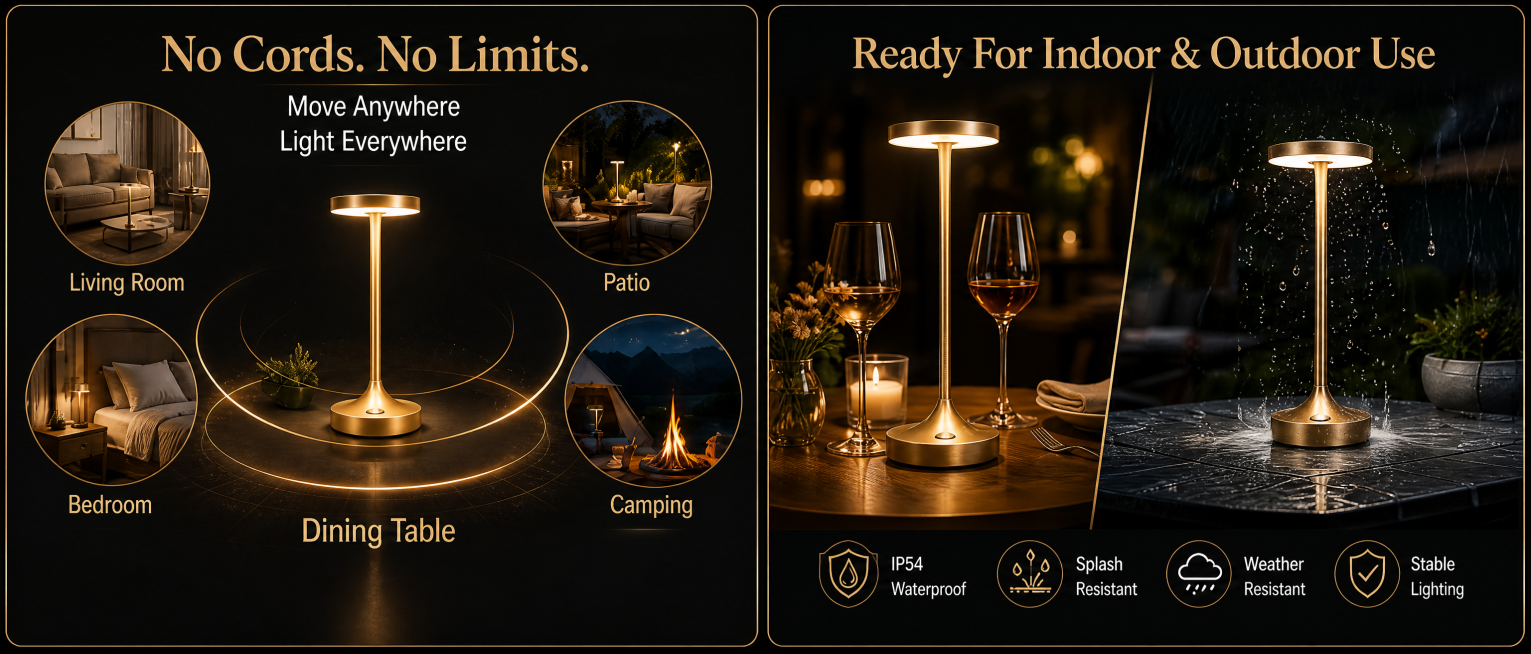 提取第四张内容，分为左右两部分：左侧No Cords. No Limits.多场景使用展示（Living Room、Bedroom、Dining Table、Patio、Camping），右侧Read预览效果
