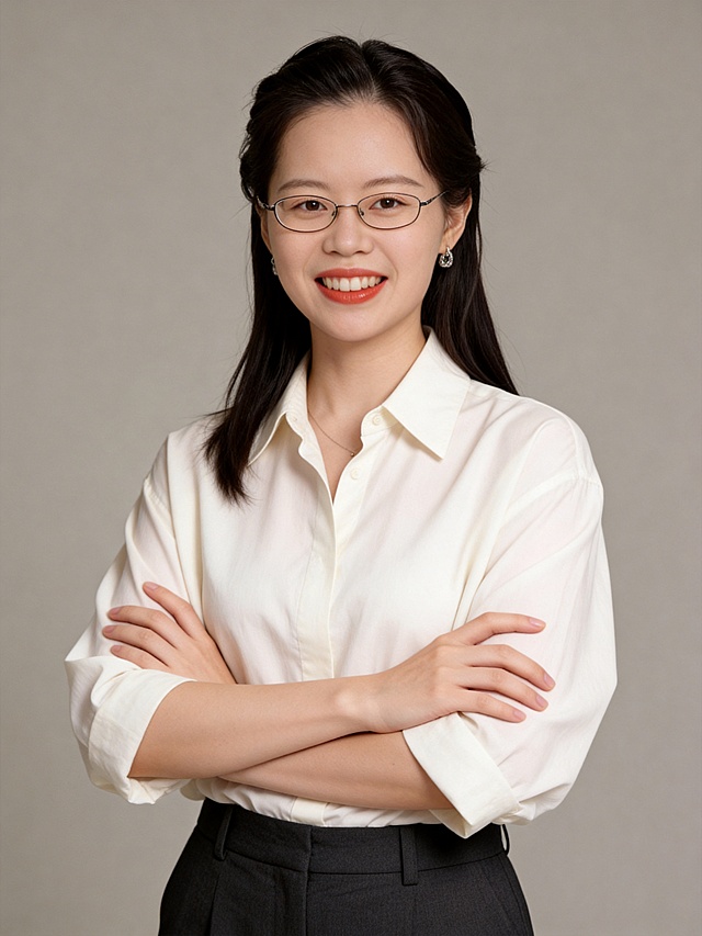 简约商务风肖像，双色设计搭配白衬衫与黑西裤，面料质感细腻，柔和光线营造舒适清新氛围，优雅时尚中透出性冷淡美学。