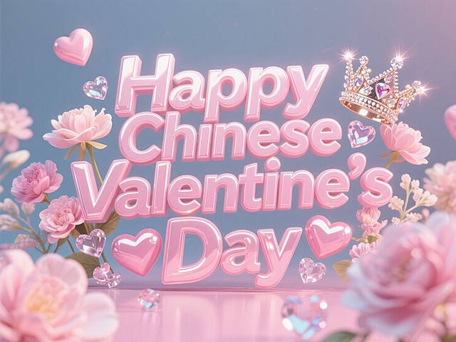 "七夕情人节快乐”3D英文大字，鲜花爱心皇冠装饰，粉嫩