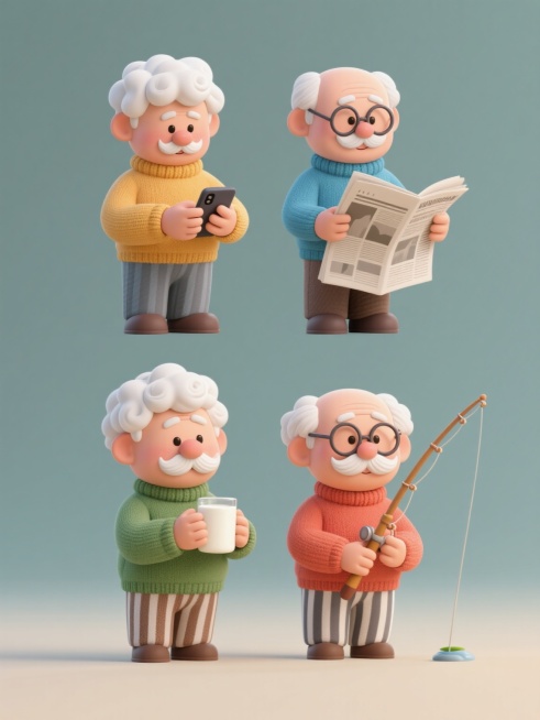 一套4个不同动作的卡通风格老年男性角色集合，规整排布在纯色背景上，保持3D立体效果、圆润造型、明亮色彩和细腻的材质表现。角色具有白色卷发、白色小胡子、戴着圆形眼镜的共同特征，每个角色穿着不同颜色的高领毛衣和条纹裤子。第一个角色双手捧着智能手机低头专注查看，第二个角色手持报纸展开阅读，第三个角色双手捧着牛奶杯正在饮用，第四个角色手持钓鱼竿准备钓鱼，整体画面保持统一的可爱、温馨氛围和卡通渲染风格。预览效果