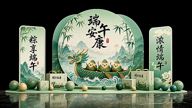 端午主题商场美陈装置，清新国风插画风格，主色调为青绿色渐变，黑色背景。中间是圆边形主视觉 KT 板，印有黑色书法字体 “端午安康”，”端午安康“四个字上下排列，下方是卡通龙舟插画，龙舟色调与整体色调一致，龙舟上坐着三个拟人粽子，背景点缀竹叶与淡墨山水渐变；左侧竖牌写有 “粽享端午”上下排列，上方竹叶下方渐变山；后面一块与主视觉圆形相嵌入的立牌青绿色渐变，右侧竖牌写有 “浓情端午”，背景青绿色渐变搭配祥云，地面装饰大小不一的圆球和方形礼盒，礼盒上有端午安康与插画搭配，立牌与主视角前后遮挡关系体现，整体构图对称饱满，国风清新雅致，高细节，干净光影，8k