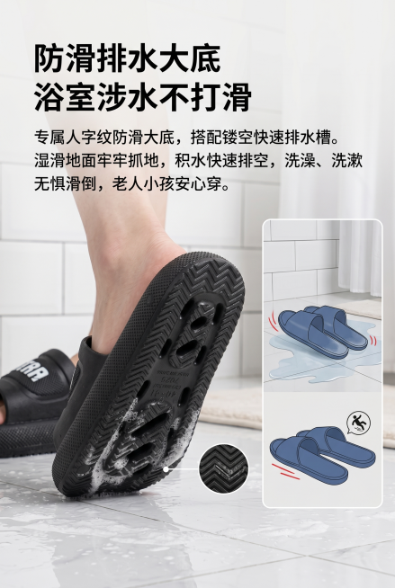 真实浴室场景，左侧湿滑瓷砖地面，黑色STRA拖鞋踩在积水瓷砖上，鞋跟处特写展示人字纹防滑纹路；右侧搭配普通拖鞋打滑示意图，背景为白色瓷砖墙面，突出鞋底防滑+排水槽设计，高清细节，主标题"防滑排水大底"预览效果